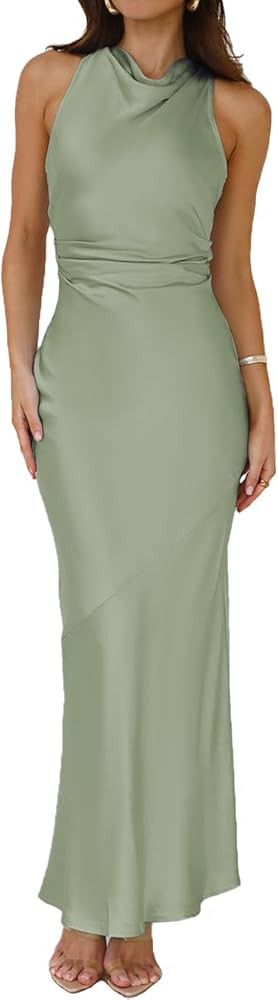 Vestido largo de sat\u00e9n con cuello alto y espalda descubierta para mujer, de seda, elegante, ... | Amazon (US)