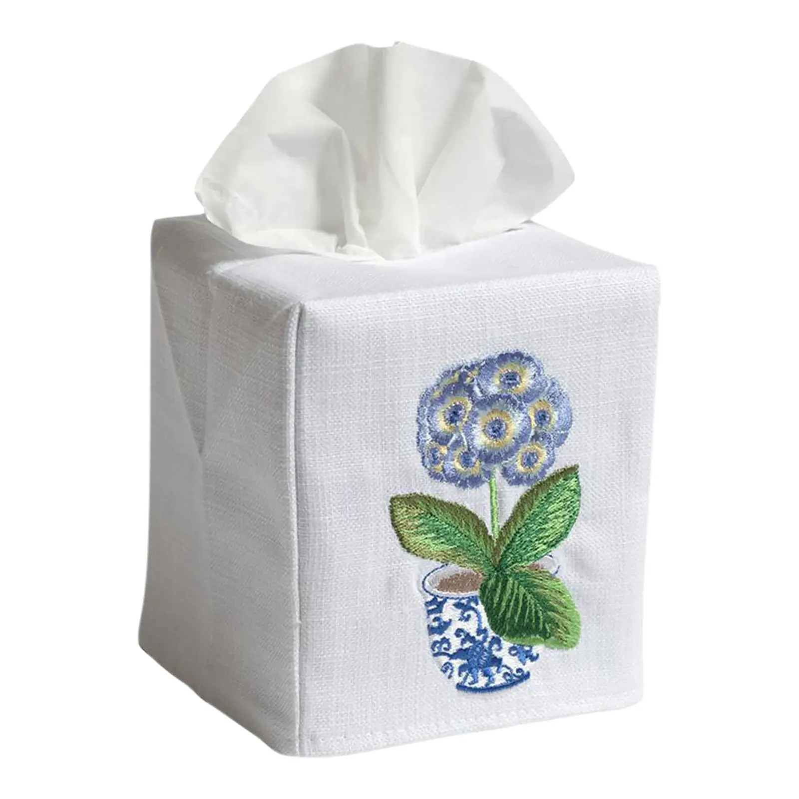 Potted Primrose (Blue) Tissue Box Cover White Linen & Cotton, Embroidered | Chairish