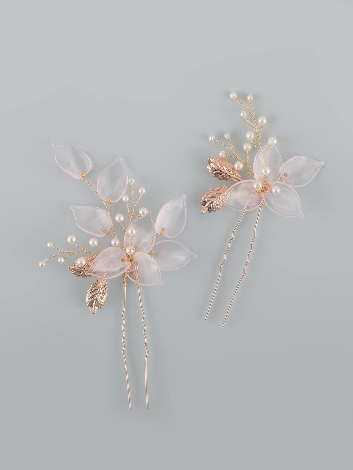 2pcs Women's Pink Flower Gold Leaf Imitation Pearl Hairpin Headdress Can Be Worn In Daily Wedding... | SHEIN