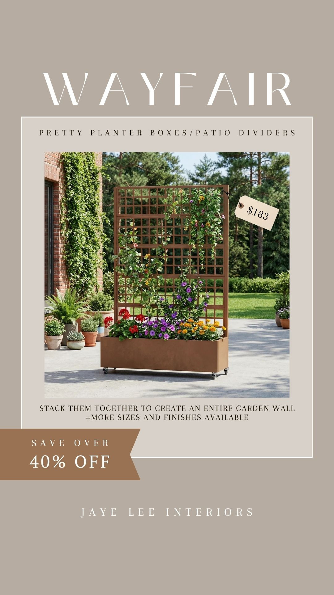Such a great multi-function piece for the back garden! I love this planter box with trellis detail for crawling vines, but also love that it also works as a patio divider/privacy screen at the same time. more colors, sizes and finish options to choose from on Wayfair. Don't miss this deal as part of the Way Day Sale! Would make a fab Mother's Day gift Idea too! #Wayfair #outdoorliving #patiorefresh #backyardgarden #raisedplanterbox #planterboxes #outdoorscreen #patioscreen #mothersdaygiftguide #giftsformom #jleeinteriors 

 #LTKMothersDay #LTKHome #LTKSaleAlert