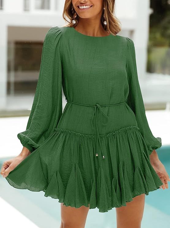 ANRABESS Women's 2023 Spring Summer Crewneck Puff Sleeve Babydoll Dress Ruffle Tiered A-Line Flow... | Amazon (US)