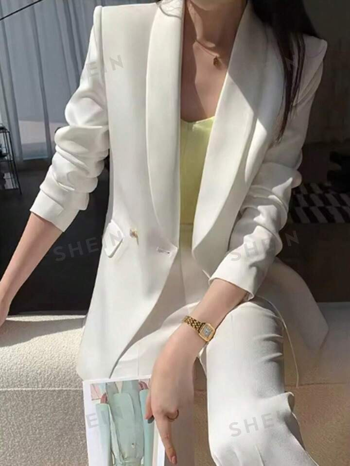 SHEIN Frenchy Spring/Summer Casual And Simple Solid Color Green Collar Suit Jacket For Work And D... | SHEIN