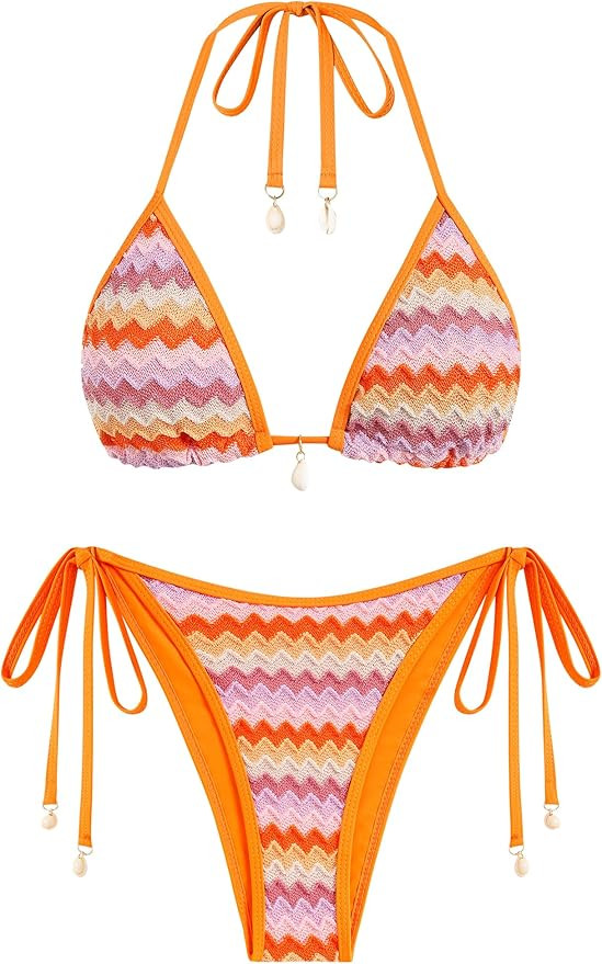 ZAFUL Women's Colorblock Stripes Triangle Halter Tied Cheeky Thong Bikini Set High Cut Two Piece ... | Amazon (US)