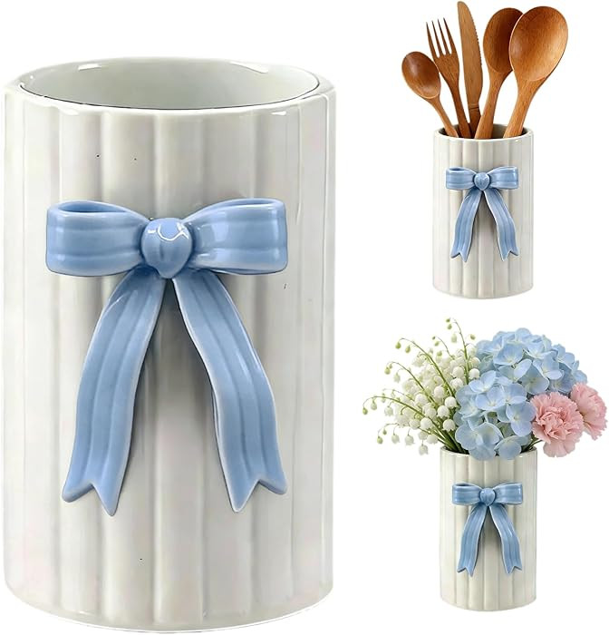 Handmade Blue Bow Ceramic Utensil Holder, 3D Coquette Cooking Utensil Crock for Kitchen Counter, ... | Amazon (US)