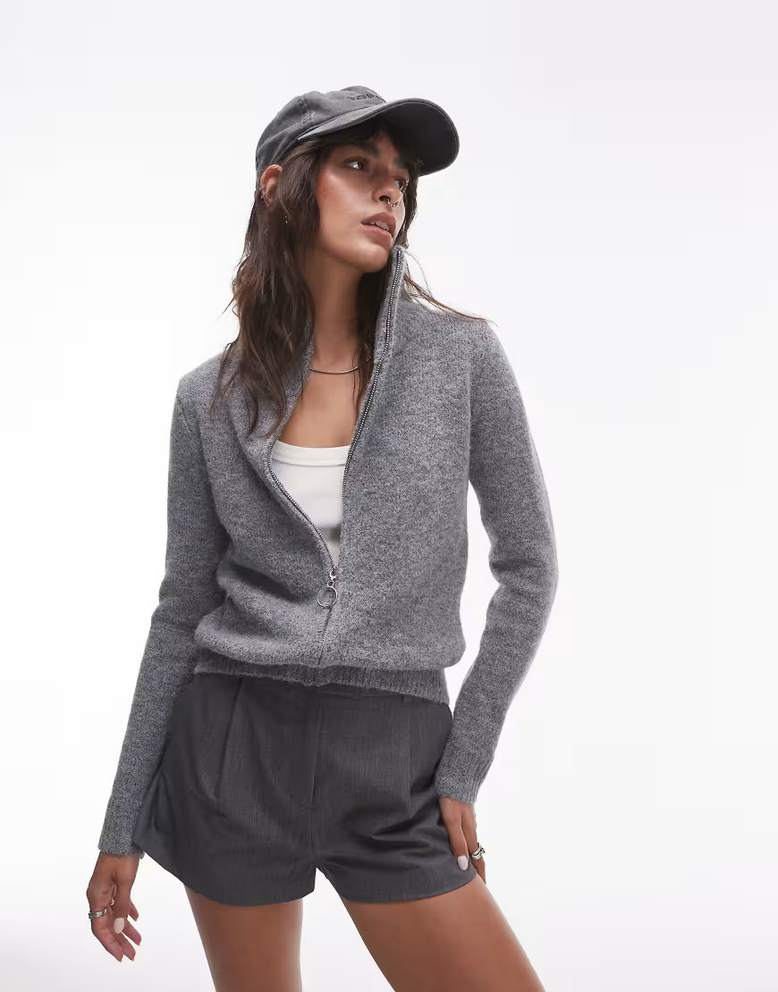Topshop knitted fluffy zip through cardigan in grey | ASOS (Global)