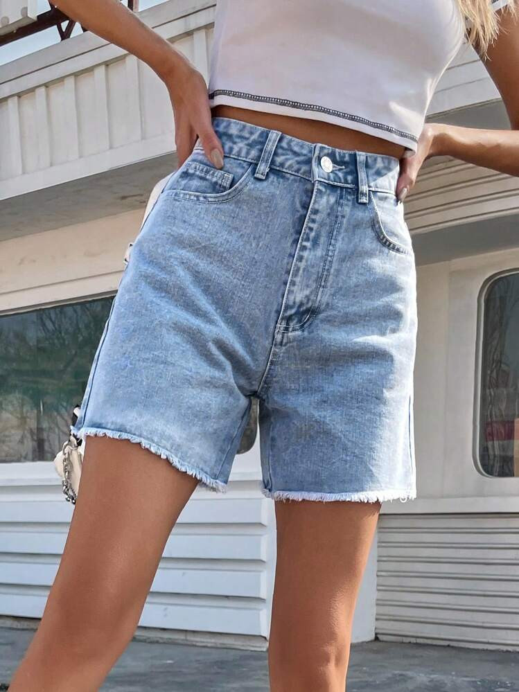 EMERY ROSE Solid Raw Hem Denim Shorts, Mom Shorts Summer | SHEIN