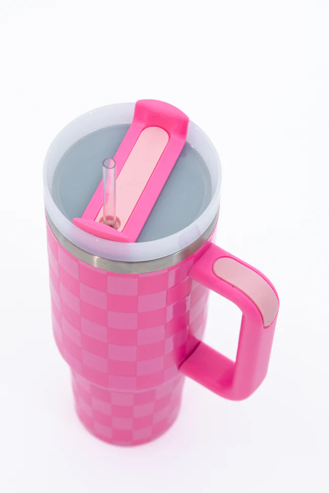 Sippin' Pretty Pink Tonal Checkered 40 oz Drink Tumbler With Lid And Straw | Pink Lily