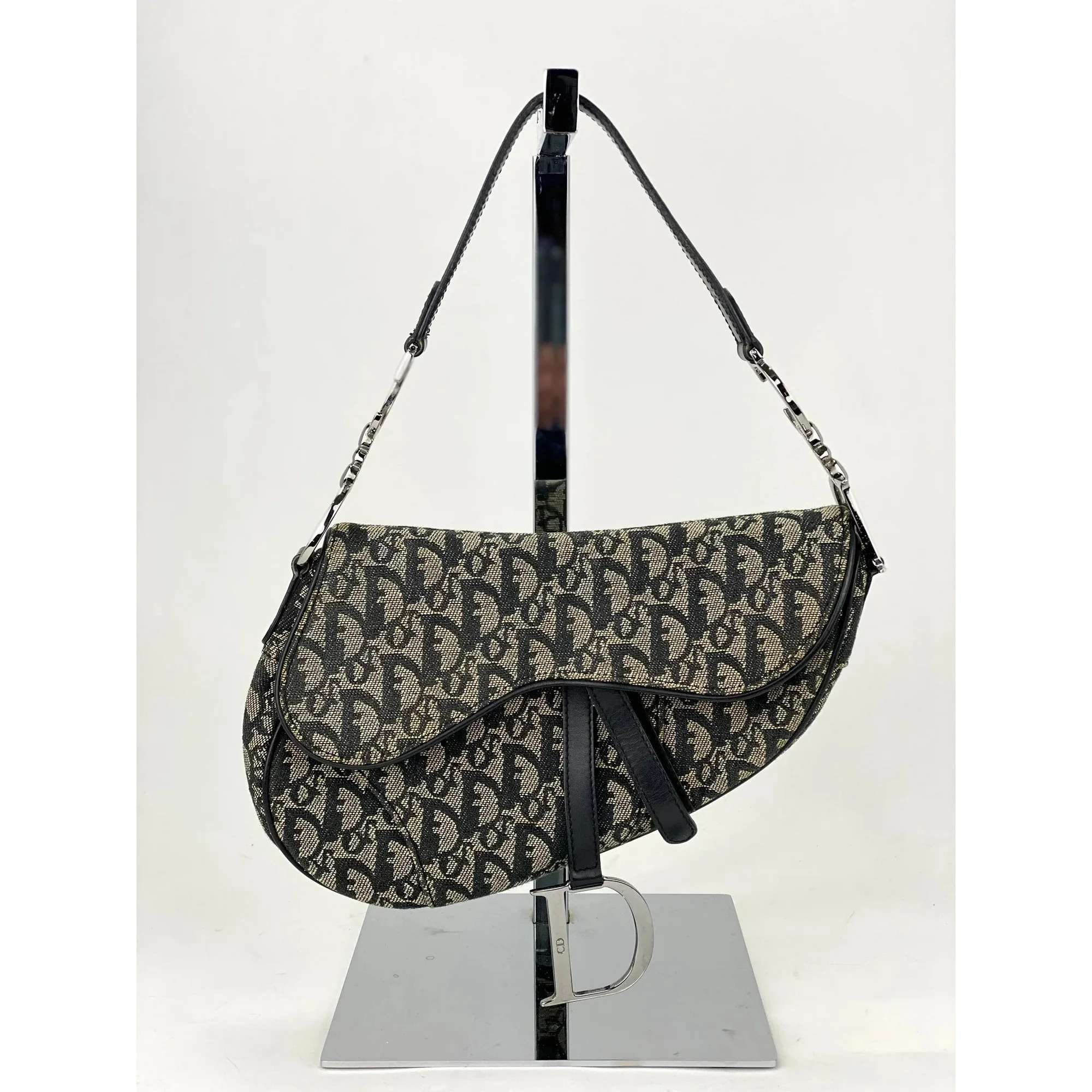 Christian Dior Oblique Saddle Hand Bag Purse Black Beige Canvas | Walmart (US)