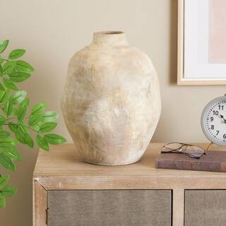 Litton Lane Beige Antique Round 14 in. Wide Ceramic Decorative Vase with Shades of Pink 047685 - ... | The Home Depot