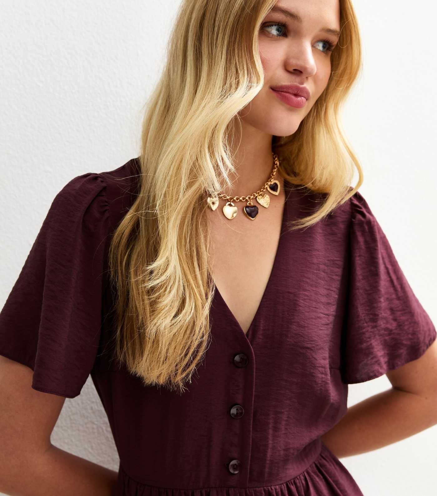 Burgundy Flutter Sleeve Button Front Midi Dress | New Look | New Look (UK)