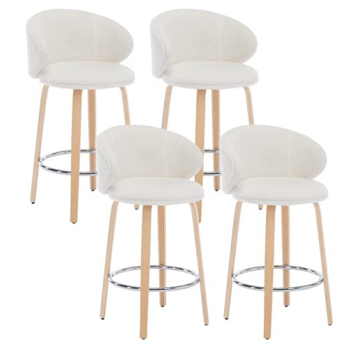 HEAH-YO Modern Counter Stools Set of 4, 26 Inches Counter Height Bar Stools with Barrel Backrest and Wood Legs, Upholstered Boucle Kitchen Stool for Island, White | Amazon (US)