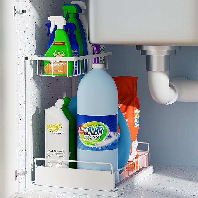 Under Sink Organizers and Storage, Painted Steel Under Cabinet Storage Pull Out Bathroom Organize... | Amazon (US)