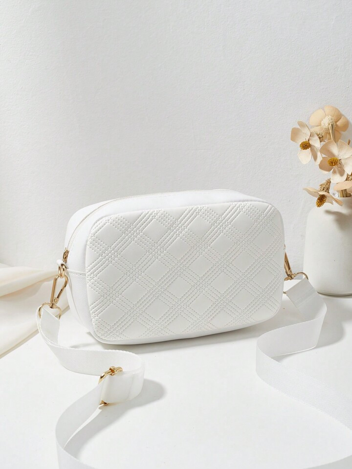 Fashionable Simple Diamond Embossed Solid Color Women Camera Bag With Weaved Strap, Crossbody & S... | SHEIN