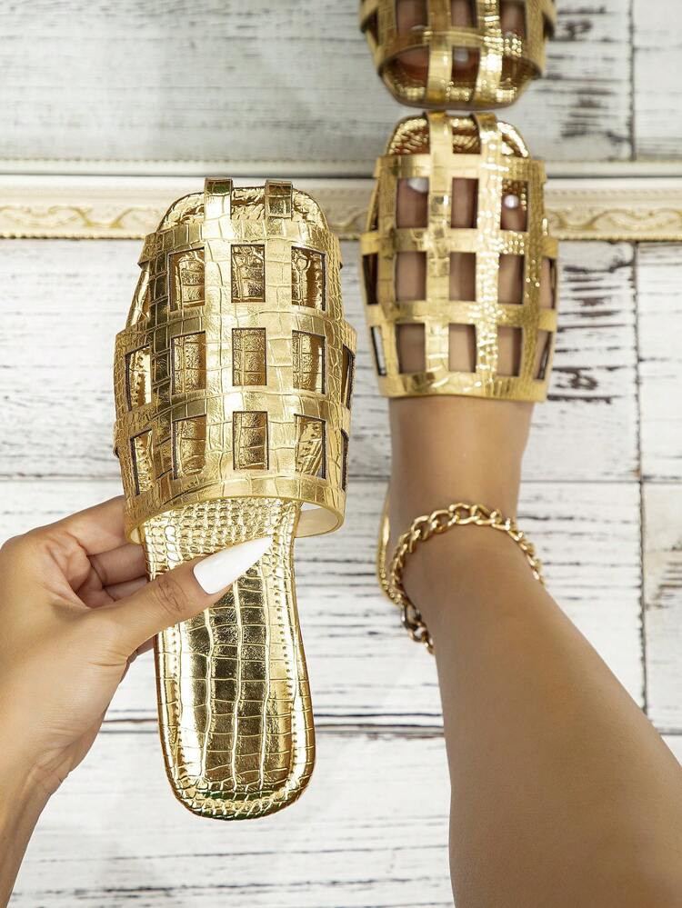 Women Metallic Crocodile Embossed Hollow Out Flat Sandals, Glamorous Gold Slide Sandals | SHEIN