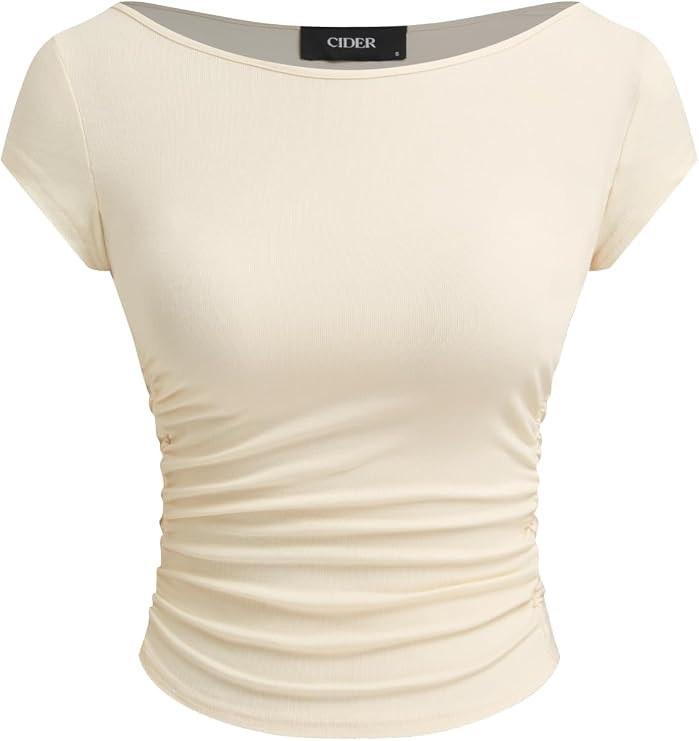 CIDER Women Ruched Crop Top Cap Sleeve Tee Boat Neck Fitted T Shirts | Amazon (US)