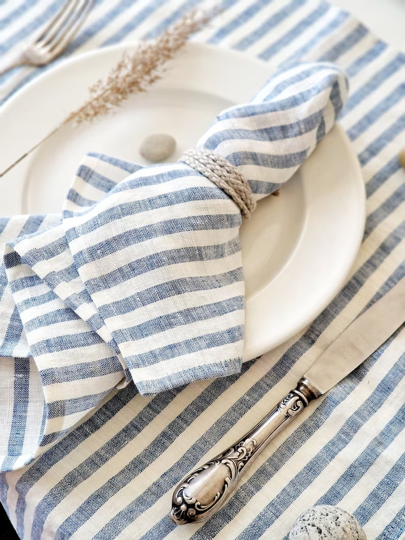 Striped Linen Napkins for Sea Beach Wedding Blue and White Stripes - Etsy | Etsy (US)