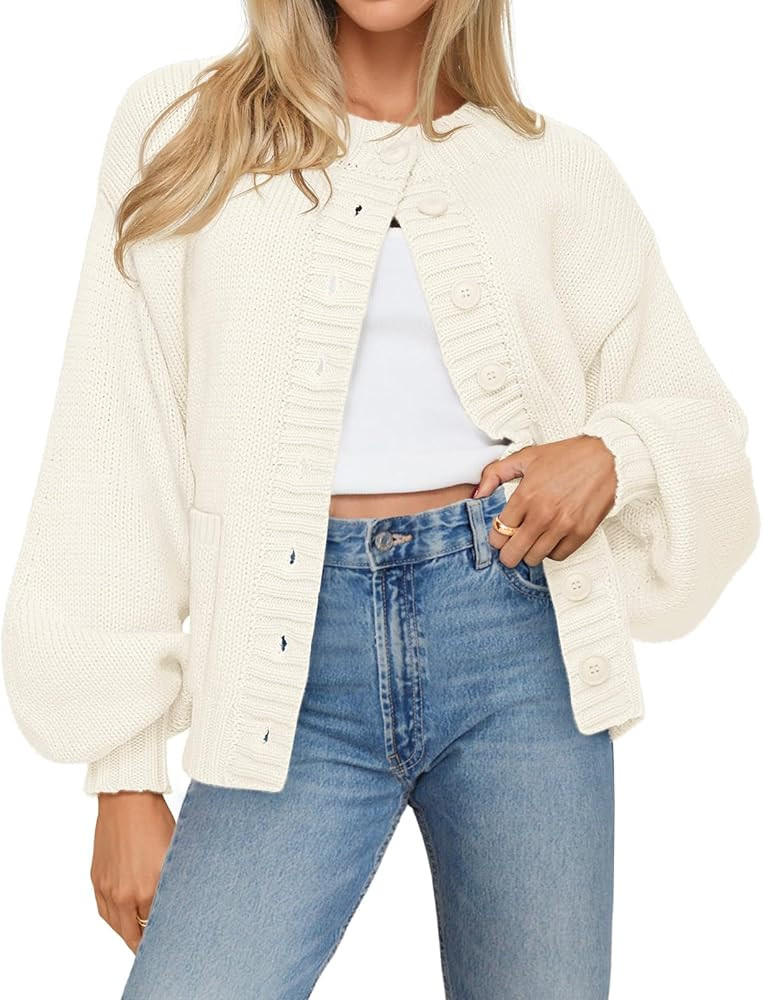 MEROKEETY Women's Fall Long Lantern Sleeve Cardigan Sweaters Casual Button Down Crewneck Open Fro... | Amazon (US)