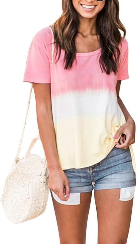 Blooming Jelly Women's Tie Dye Shirt Gradient Round Neck Top Causal Short Sleeve Loose Tee | Amazon (US)