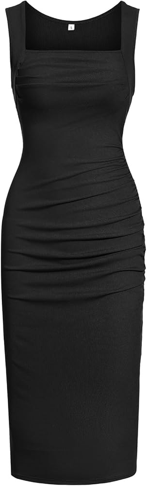 OWIN Women's Summer Sexy Square Neck Ruched Bodycon Tank Midi Dress Sleeveless Ribbed Knit Cockta... | Amazon (US)