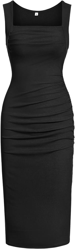 OWIN Women's Summer Sexy Square Neck Ruched Bodycon Tank Midi Dress Sleeveless Ribbed Knit Cockta... | Amazon (US)