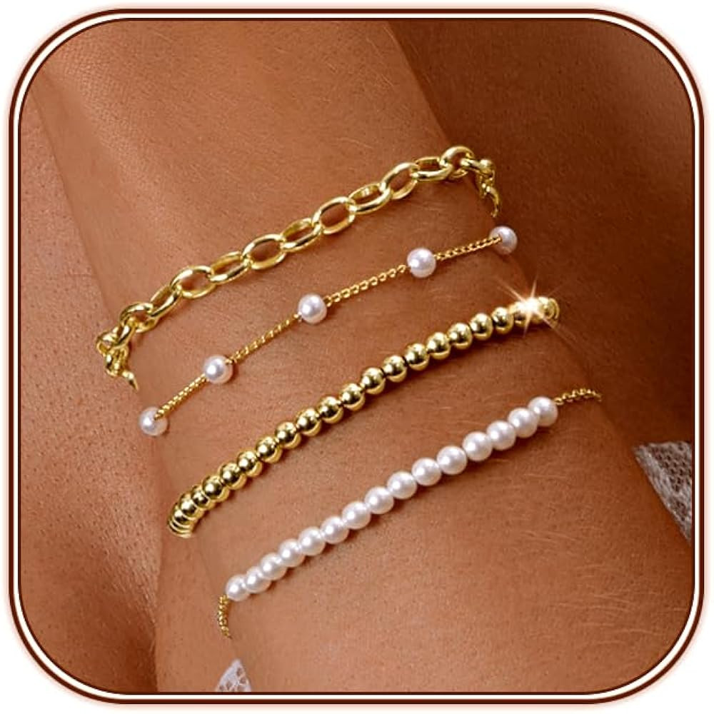 Zeffy Gold Pearl Beaded Bracelets for Women, 14K Gold Plated Bead Pearl Bracelet Stack Jewelry Se... | Amazon (US)