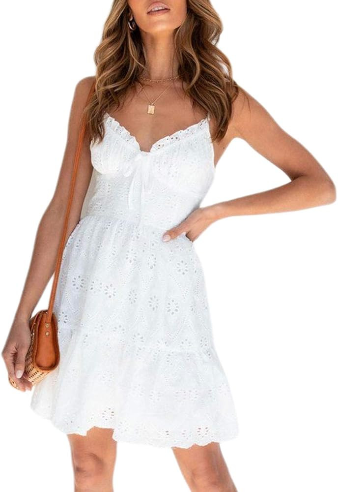 Envemour Women's Summer Embroidery Spaghetti Strap Short Dress V Neck Backless Mini Swing Dress | Amazon (US)