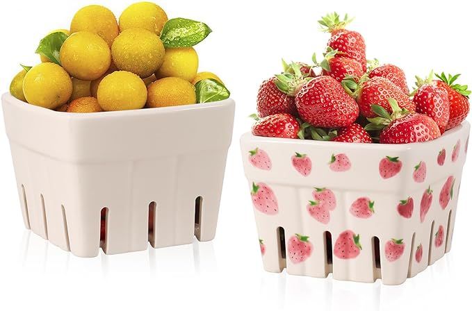 mwellewm Ceramic Berry Basket Set of 2, Strawberry Container Small Square Fruit Bowl with Holes S... | Amazon (US)