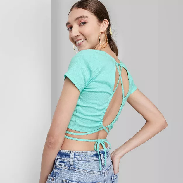 Women's Short Sleeve Lace-Up Back Baby T-Shirt - Wild Fable™ | Target