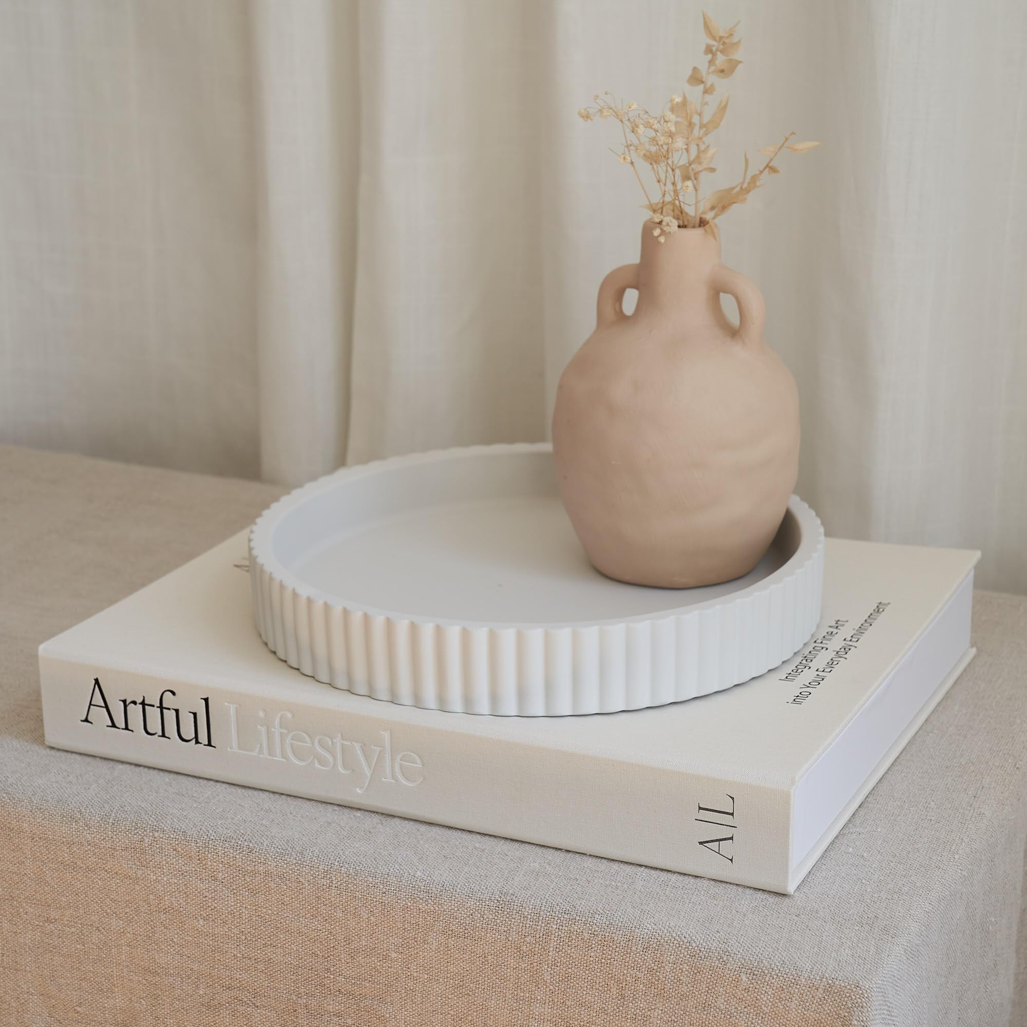 Decorative Concrete Tray & Book Decor Set - Scalloped Tray & Linen Box Enhance Your Coffee Table ... | Amazon (US)