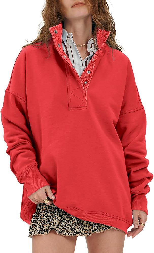 Locachy Womens Casual Button Henley Neck Cotton Oversized Sweatshirt Long Sleeve Pullover Tops Ou... | Amazon (US)