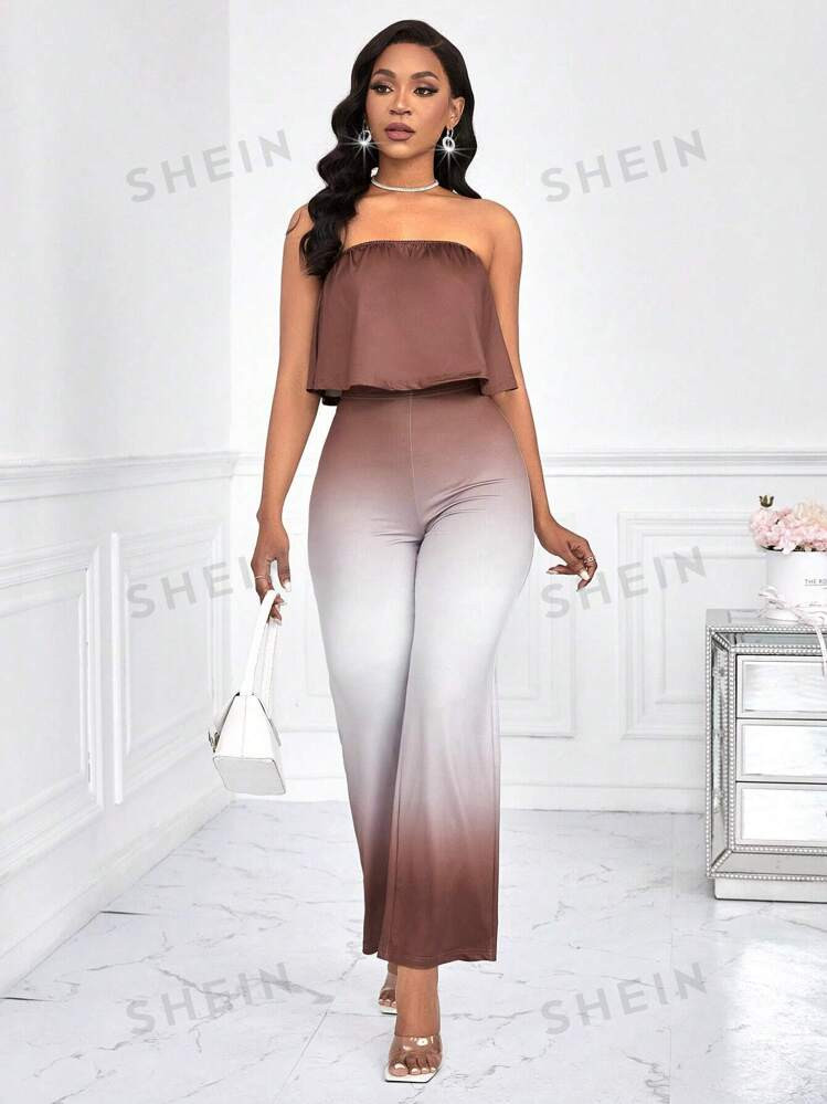SHEIN Privé Women's Solid Color Strapless Top And Gradient Pants 2 Piece Set | SHEIN