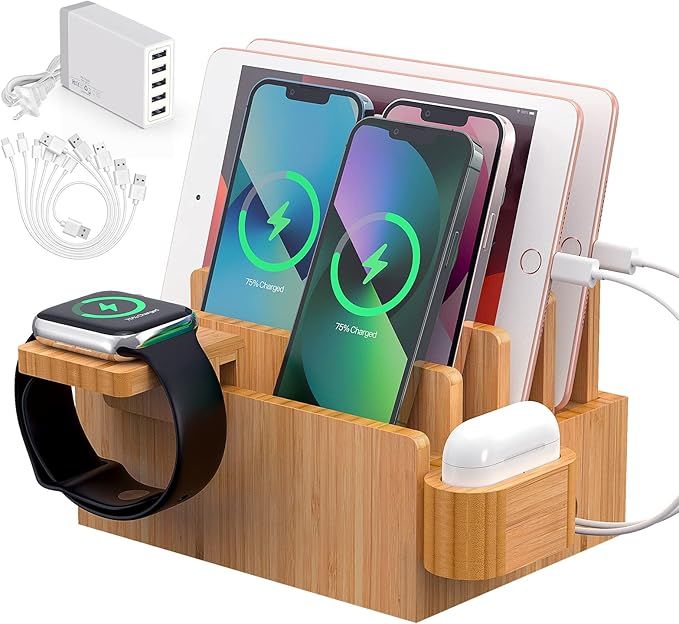 Bamboo Charging Station for Multiple Devices (Included 5 Port USB Charger, 6 Pack Charge & Sync C... | Amazon (US)