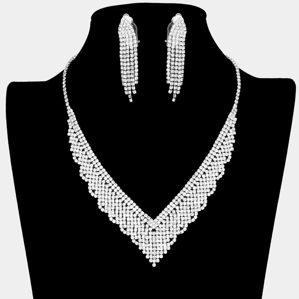 Rhinestone Pave Necklace Clip on Earring Set - Silver | Shop Simon