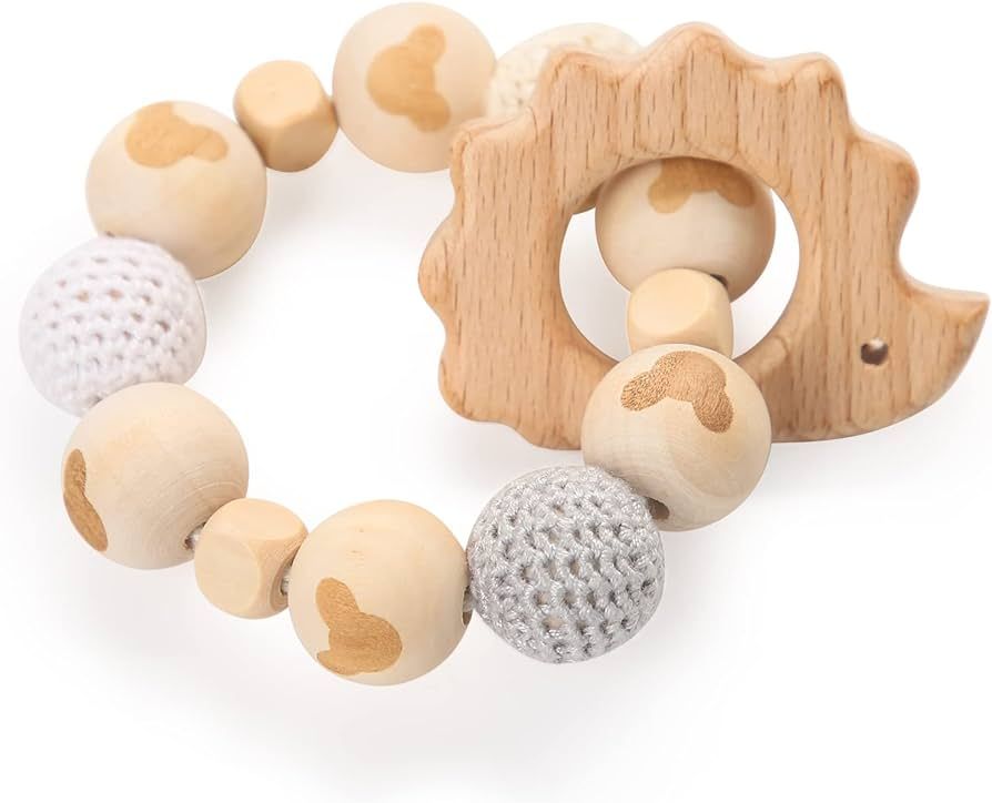 Wooden Rattle for Babies Tummy Time Toys Wooden Teether for Babies 0-6 Months, BPA Free Teething ... | Amazon (US)