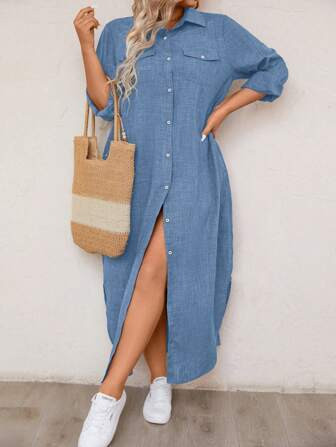 SHEIN JORESS Large Size Solid Color Front-Breasted Loose Casual Dress | SHEIN