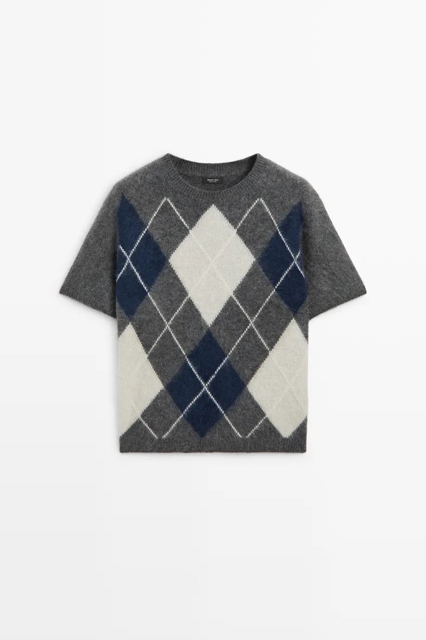 Wool blend knit sweater with argyle pattern - GREY | Massimo Dutti US