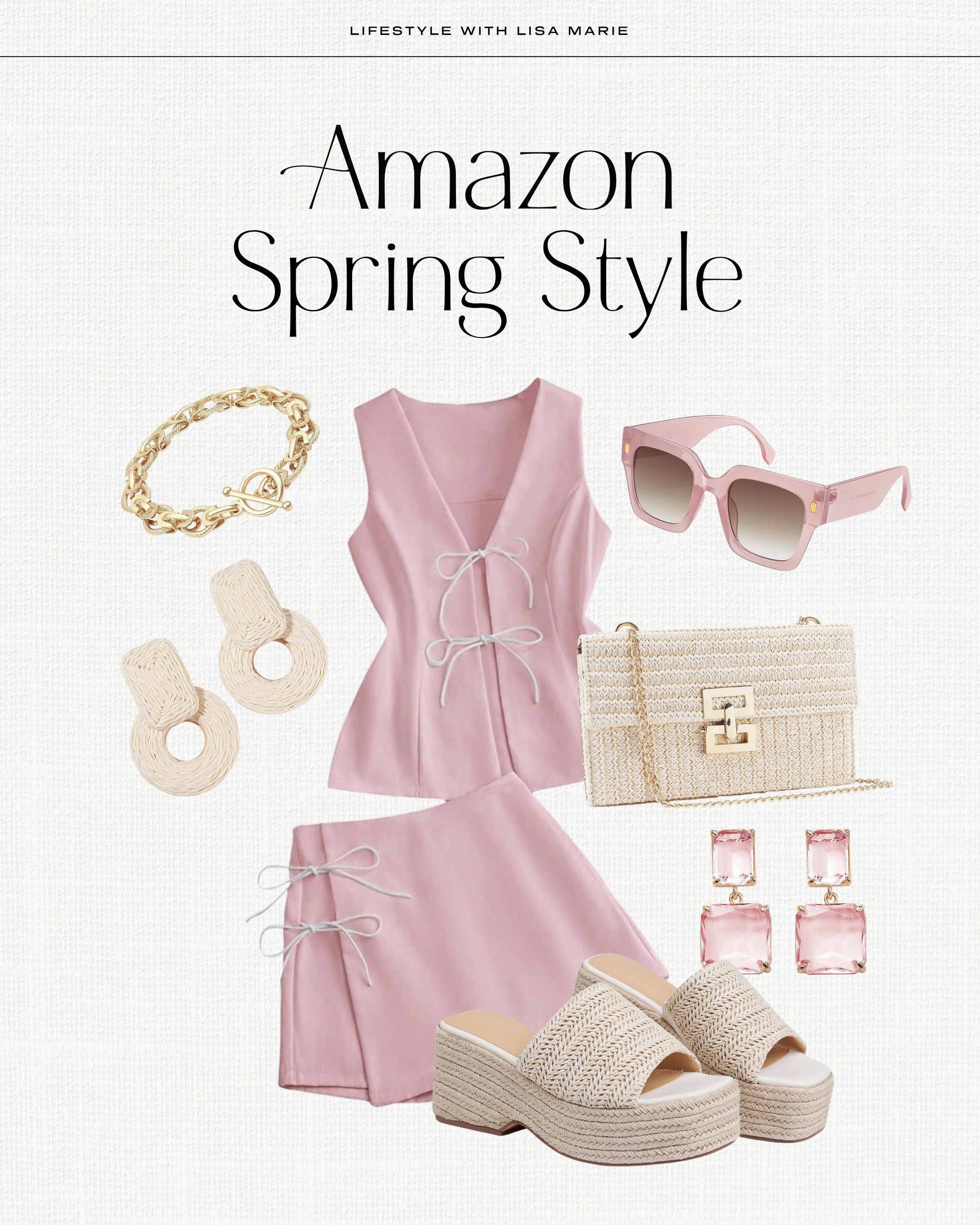 Amazon spring style outfit. Pink matching shorts set for a garden party, baby shower, resort, vacation or cruise. Straw clutches, purses, handbags, wedges, earrings and shoes. Pink sunglasses and jewelry. 

 #LTKMothersDay #LTKSeasonal #LTKPetite