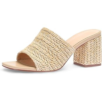 Raffia Sandals Women Espadrilles Heeled Sandals Summer Beach Mules Slip On Square Open Toe Chunky... | Amazon (US)