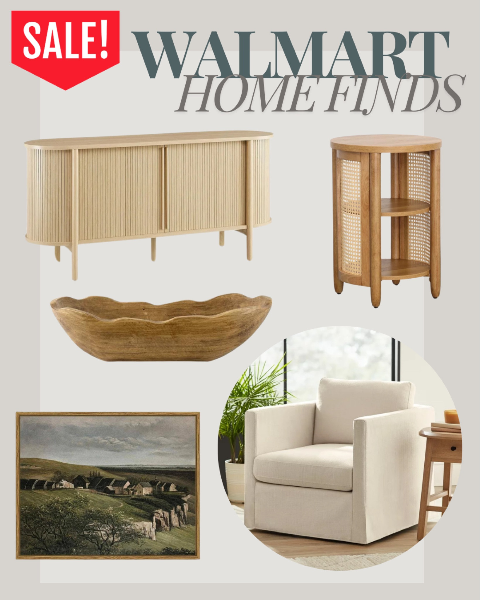 @walmart home finds on sale! 

White armchair, wooden decorative bowl, artwork, wooden end table, wooden console, mid-century modern furniture, farmhouse furniture. Home decor. Perfect for living room, office, den etc  

#LTKSummerSales #LTKHome #LTKSaleAlert