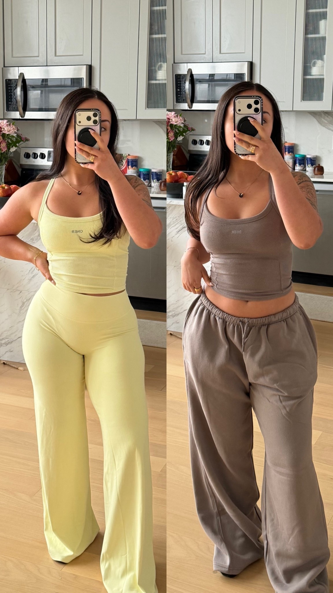 Size S short in the yellow bottoms, M short in the sweats, and XS in the tops!