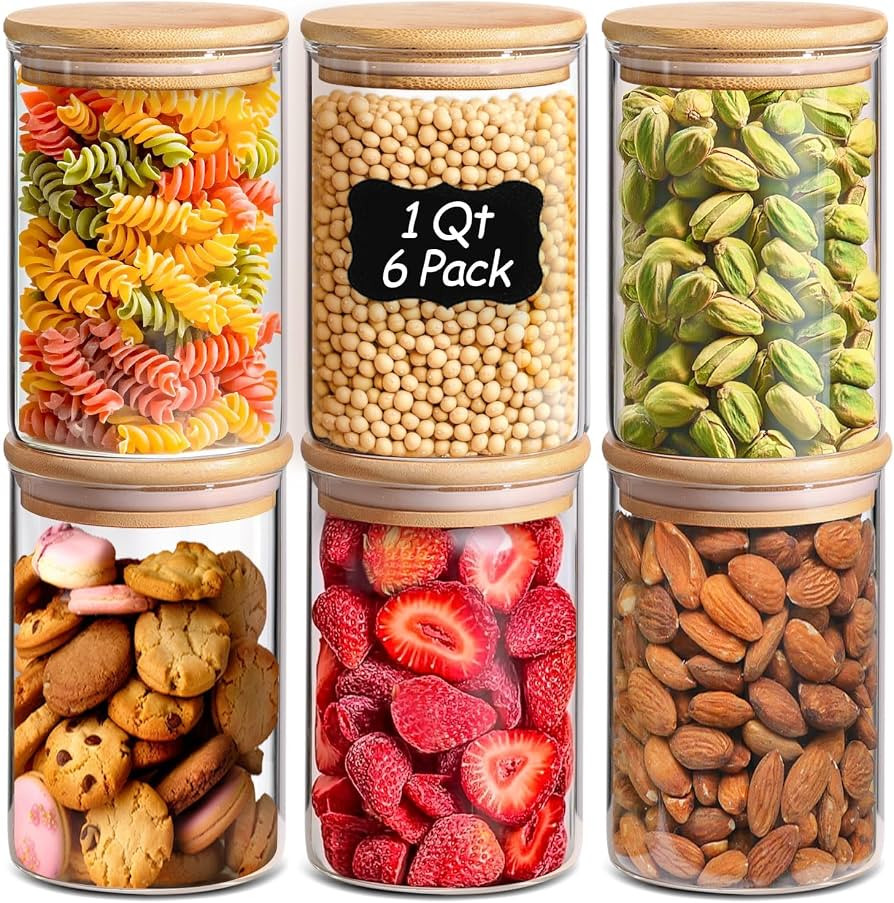 ComSaf Glass Storage Containers with Lids 1 Qt, Set of 6 Food Storage Jars | Amazon (US)