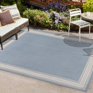 JONATHAN Y Lucia Classic Diamond Border Blue/Cream 5 ft. x 8 ft. Indoor/Outdoor Area Rug SMB207C-... | The Home Depot