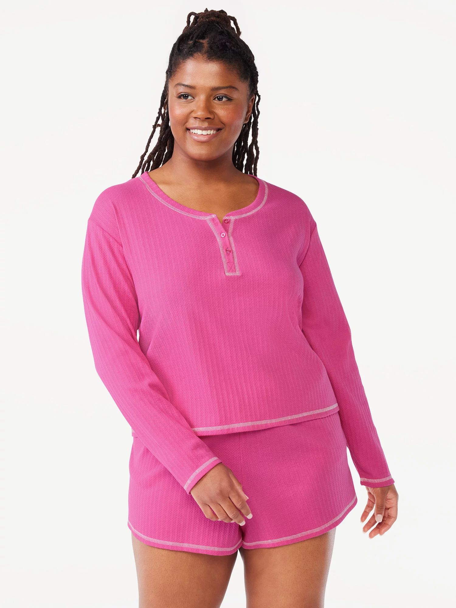 Joyspun Women's Rib Henley Top and Shorts Pajama Set, 2-Piece, Sizes XS to 3X | Walmart (US)