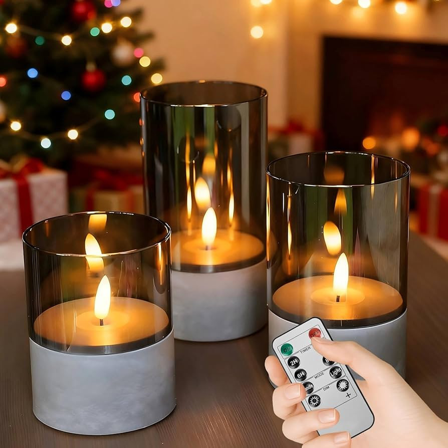 CAUTIOUS 3 Piezas Vidrio Gris LED Velas con Mando, Regulable Velas Sin Llama 10cm/12.5cm/15cm, Ve... | Amazon (ES)