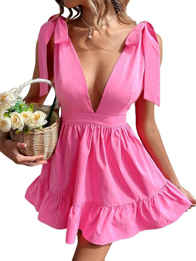 WDIRARA Women's Deep V Neck Tie Shoulder Sleeveless Ruffle Hem A Line Dress Hot Pink L at Amazon ... | Amazon (US)