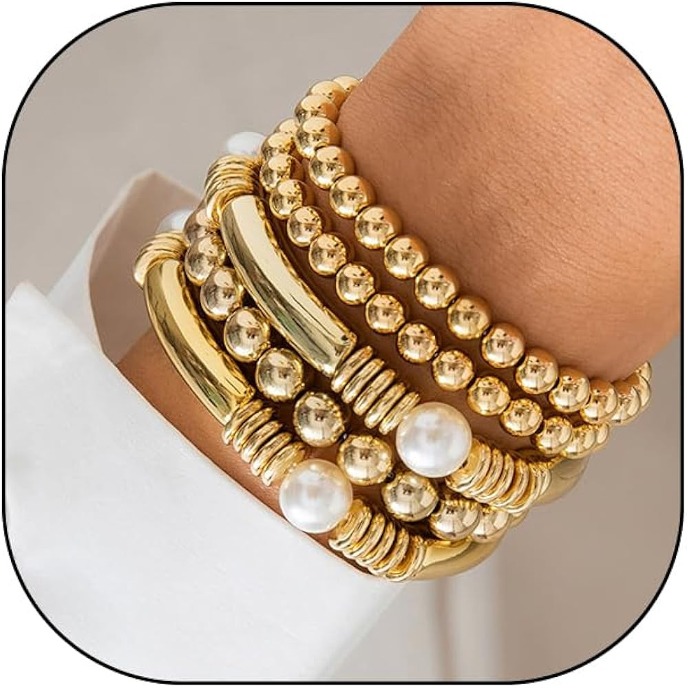 Cyberpunk Pearl Beaded Bracelet Set for Teen Girl 18K Gold Stacked Beaded Bracelet for Women Chun... | Amazon (US)