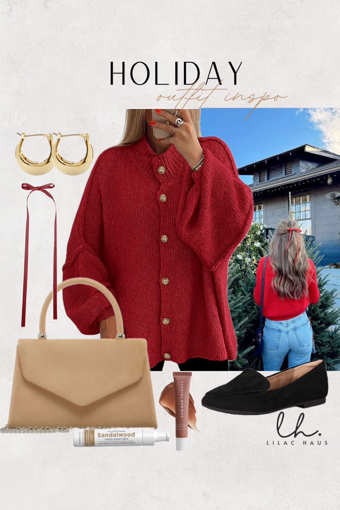 Holiday outfit inspo: wear a chunky red sweater with black jeans or leggings. Accessorize with a dainty red bow and gold earrings. Finish with a black comfortable flat and neutral handbag. 

#LTKHoliday #LTKStyleTip #LTKSeasonal