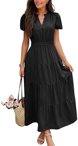 ECOWISH Summer Maxi Dress for Women Casual Flowy V Neck Short Sleeve A Line Empire Waist Tiered L... | Amazon (US)