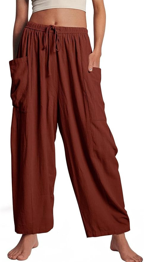 Kissonic Womens Wide Leg Pants Casual Loose Drawstring Flowy Summer Beach Palazzo Harem Pants wit... | Amazon (US)