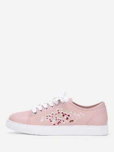 Flower Embroidery Lace Up Sneakers | SHEIN